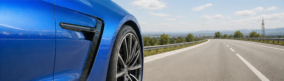Auto blu su una strada panoramica