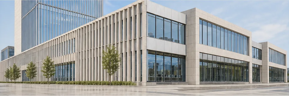 Edificio contemporaneo in vetro e pietra